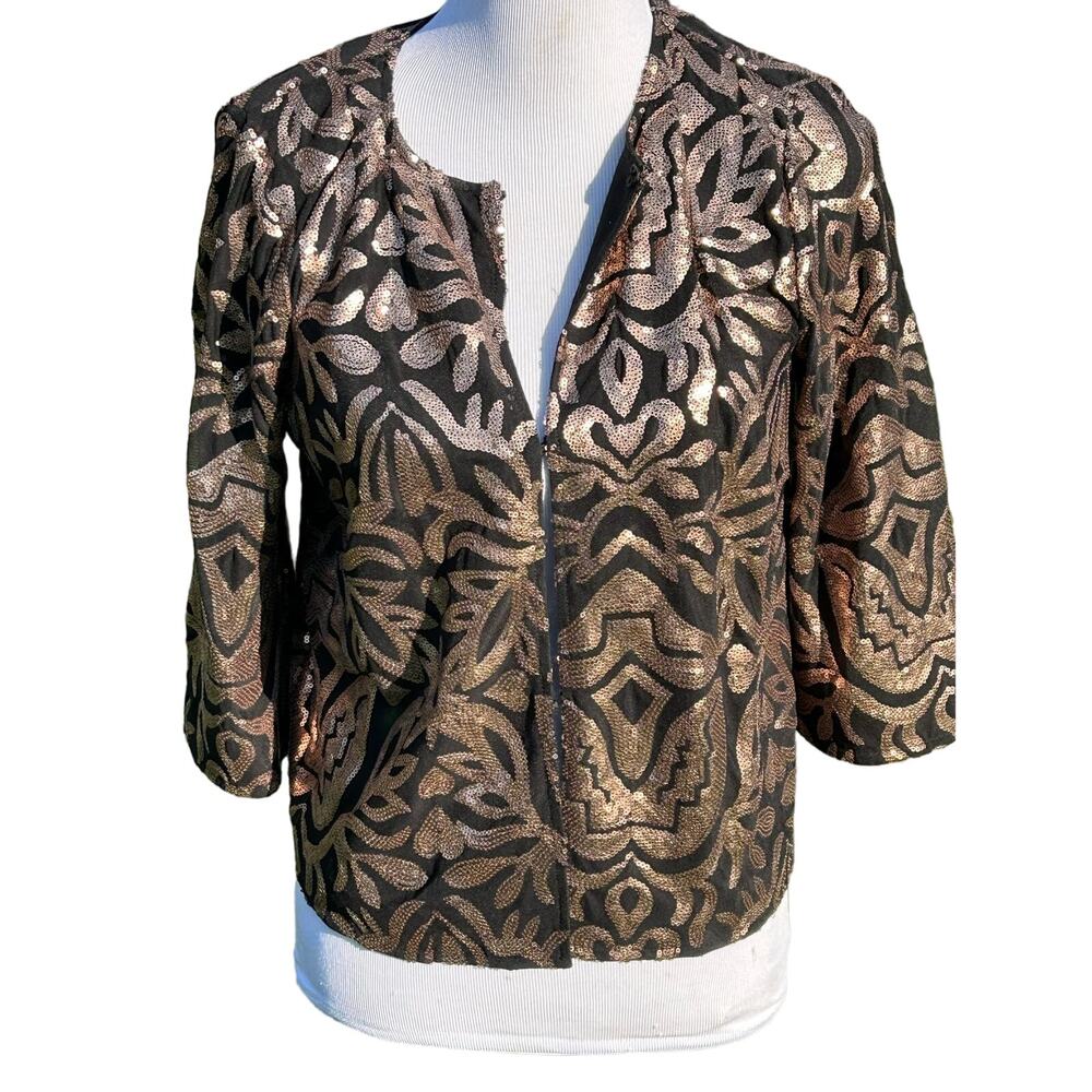 Joan Rivers Jacket Light Coat Women S Black Gold Sequin Glam Artsy Event Floral